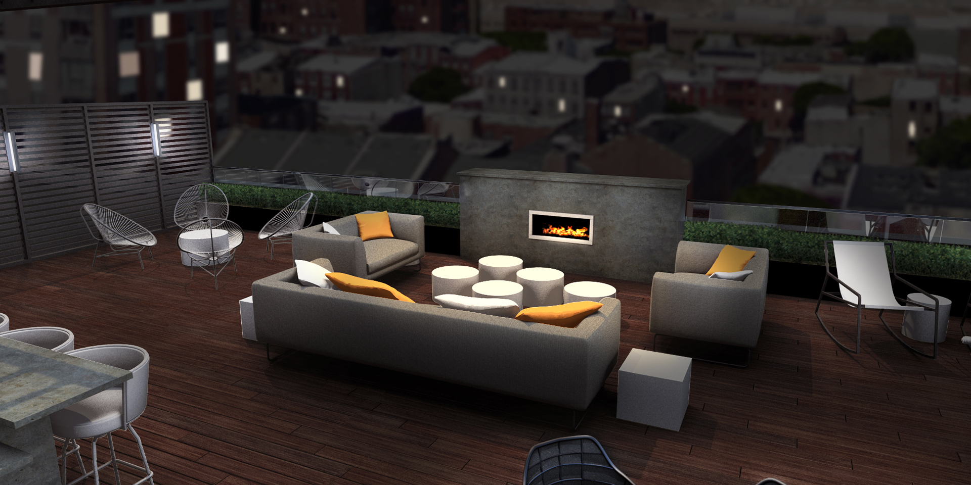 Rooftop Seating Area with Couches and Fireplace at The National